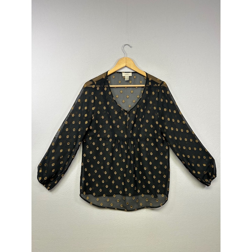 Boho Chic Loft Womens Size M Black Gold Metallic‎ Diamond Clip Dot V-Neck Blouse